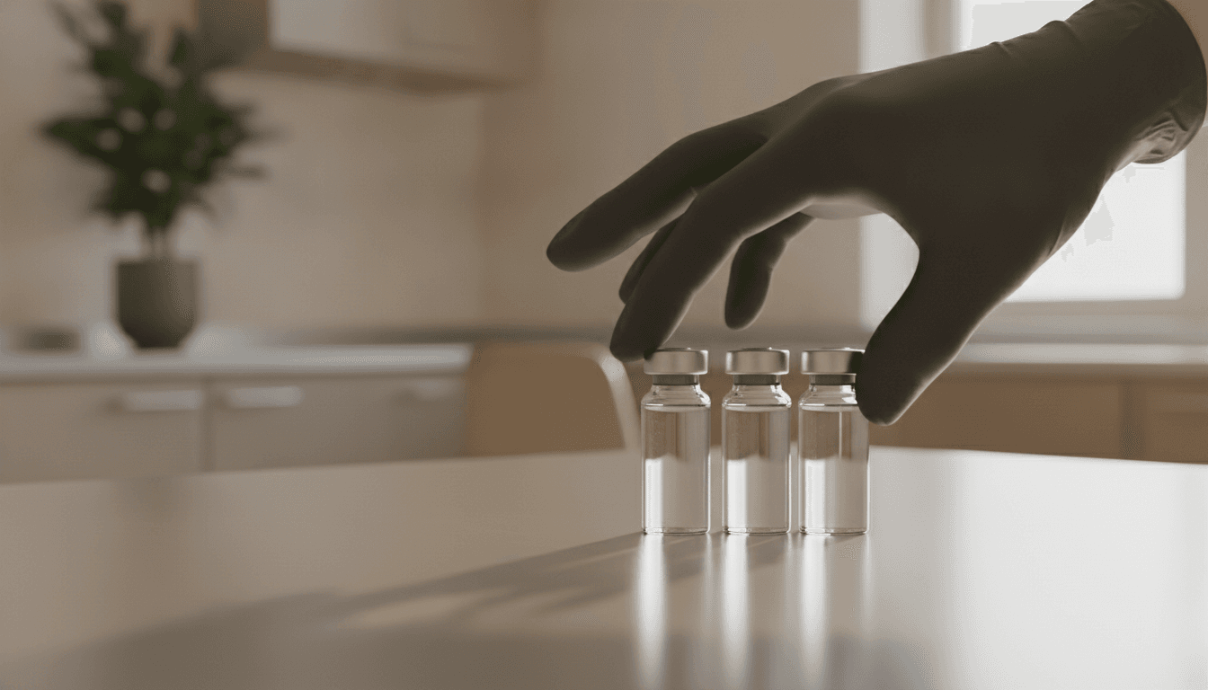 Mano con guante colocando viales en una superficie de laboratorio